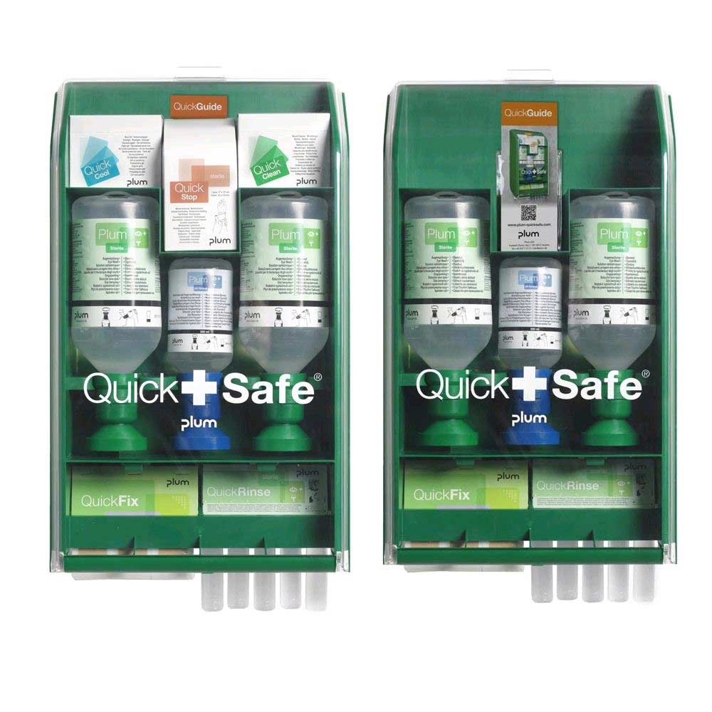 Geöffnete QuickSafe Erste-Hilfe-Box (grün) mit verschiedenen Einsätzen und Packungen