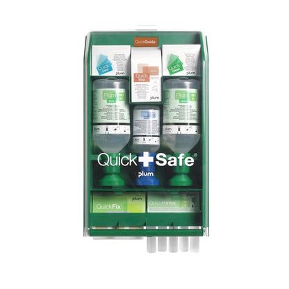 QuickSafe Erste-Hilfe-Box, offen (grün) mit QuickFix/QuickRinse und Anleitungseinsatz
