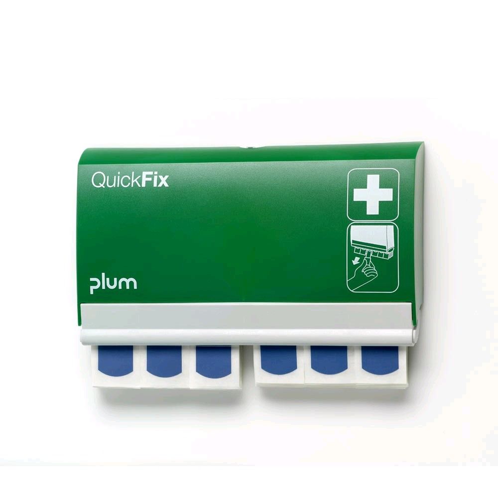 Plum QuickFix Pflasterspender, grün mit Auslage blau-weißer Pflasterstrips
