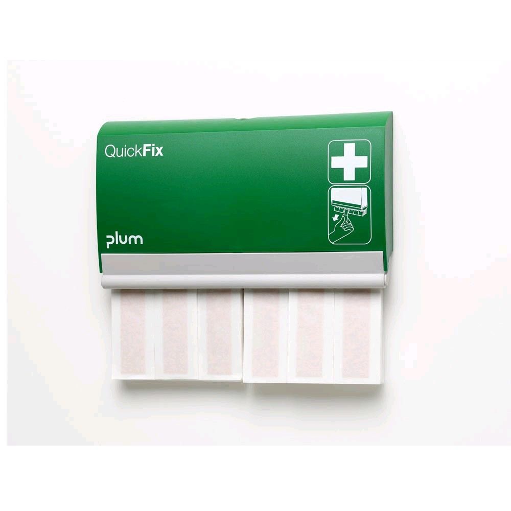 Plum QuickFix Pflasterspender, grün mit Auslage hellbeige-weißer Pflasterstrips