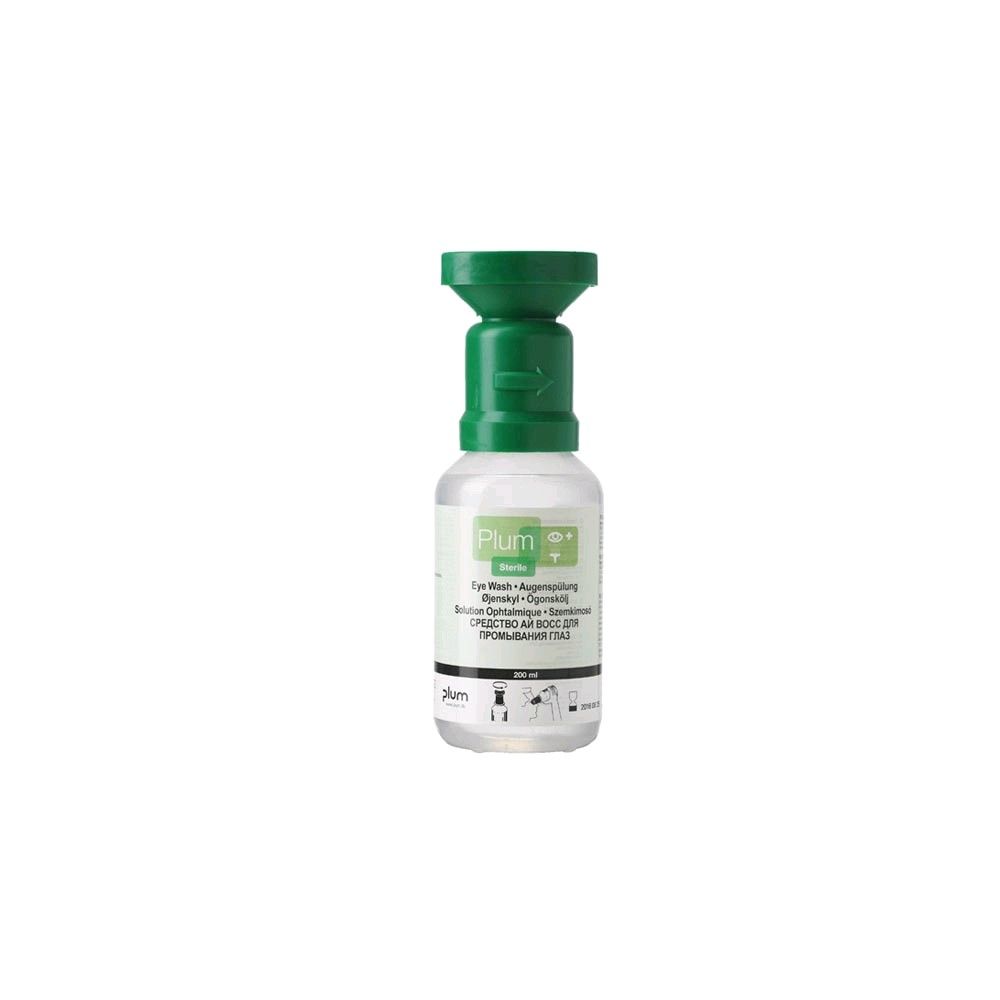 Kleine Augenspülflasche mit grüner Kappe und transparentem Flaschenkörper, Etikett und Barcode