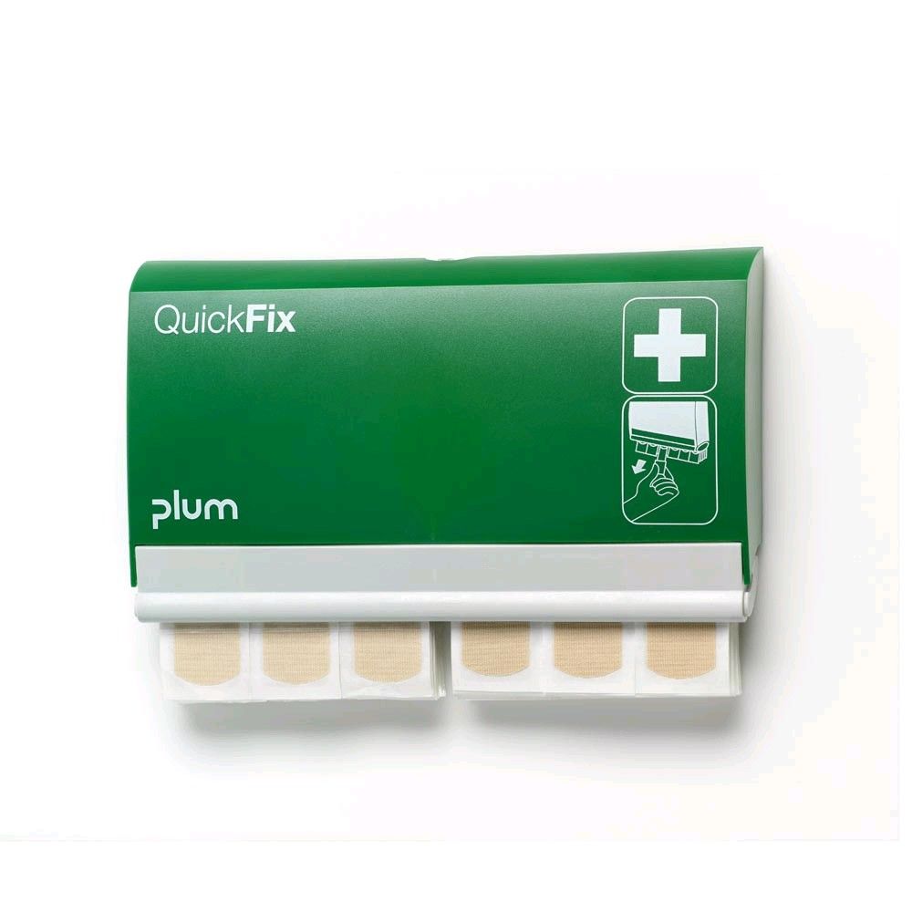 Plum QuickFix Pflasterspender, grün mit Auslage beiger Pflasterstreifen