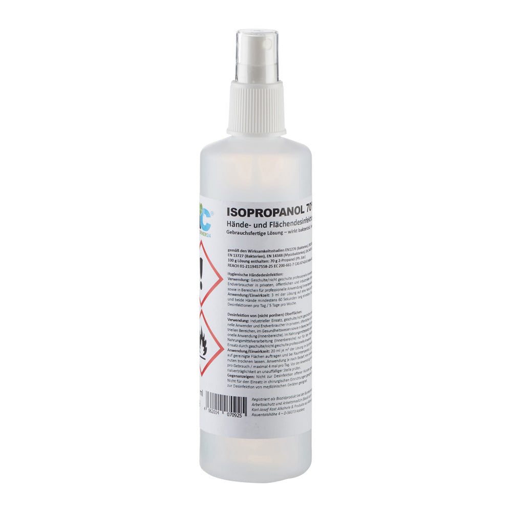 Rundflasche mit Sprühkopf und Frontetikett, Hand- und Flächendesinfektion
