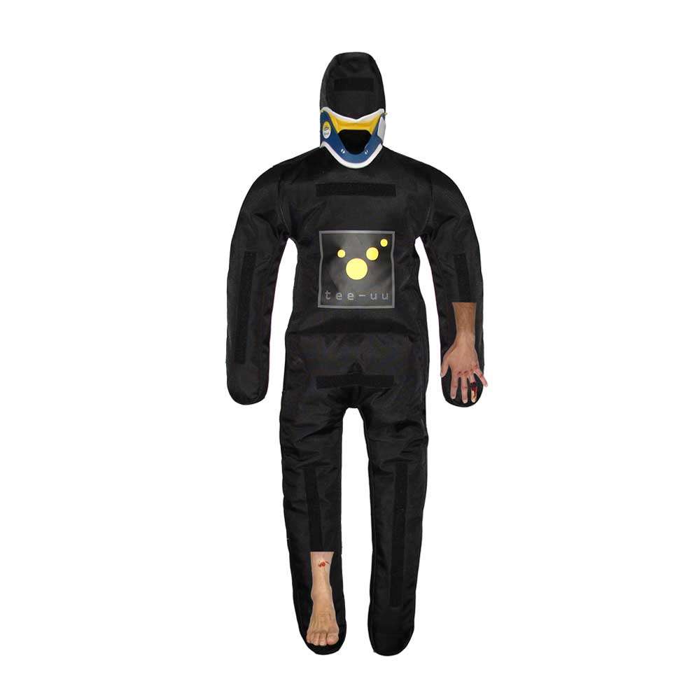 170-cm-Übungspuppe im schwarzen Anzug mit Kapuze und blauer Gesichtsmaske mit gelben Details