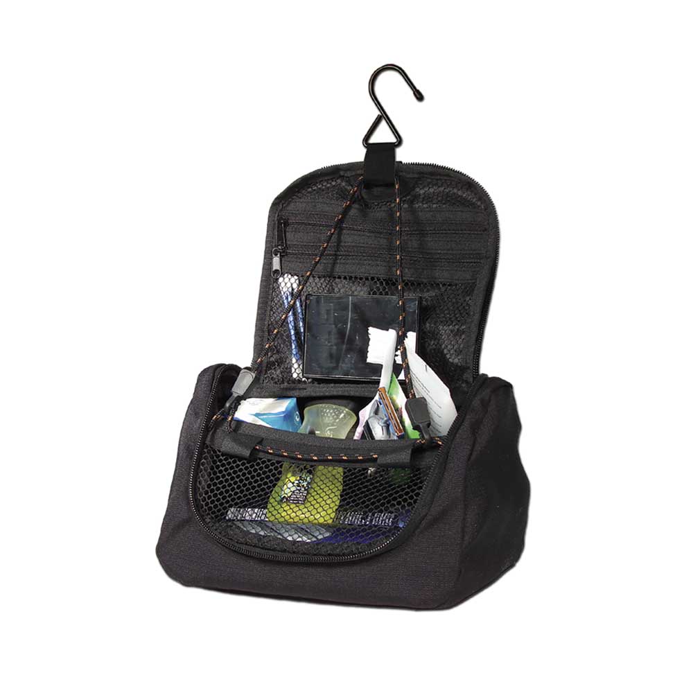 Aufhängbare Kulturtasche, offen mit Innenfächern und Netztaschen
