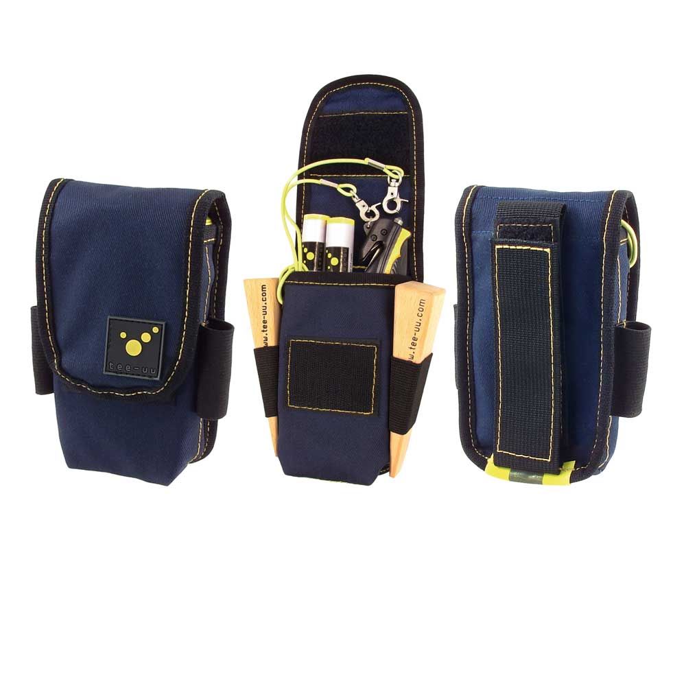 Dunkelblauer Holster mit gelb-grauem Reflexstreifen, mit Tasche und Trageschlaufe