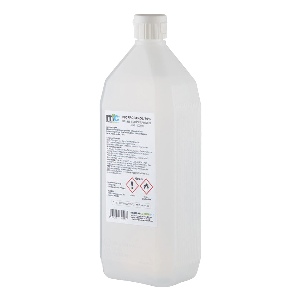 Isopropanol-70%-Flasche, 1 Liter, weiße Kunststoffflasche mit Rückseitenetikett