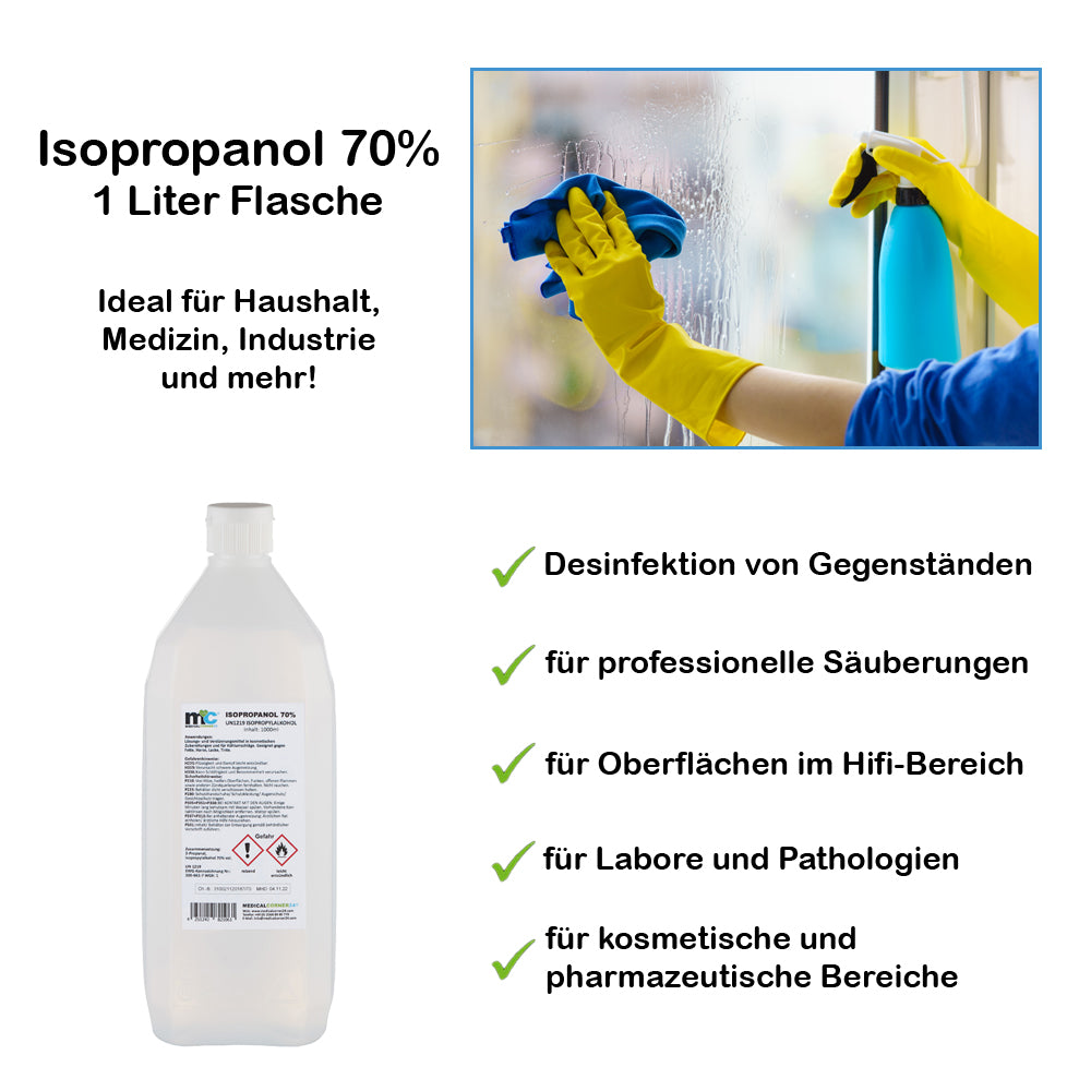 Isopropanol-70%-Flasche, 1 Liter, weiße Kunststoffflasche mit Etikett