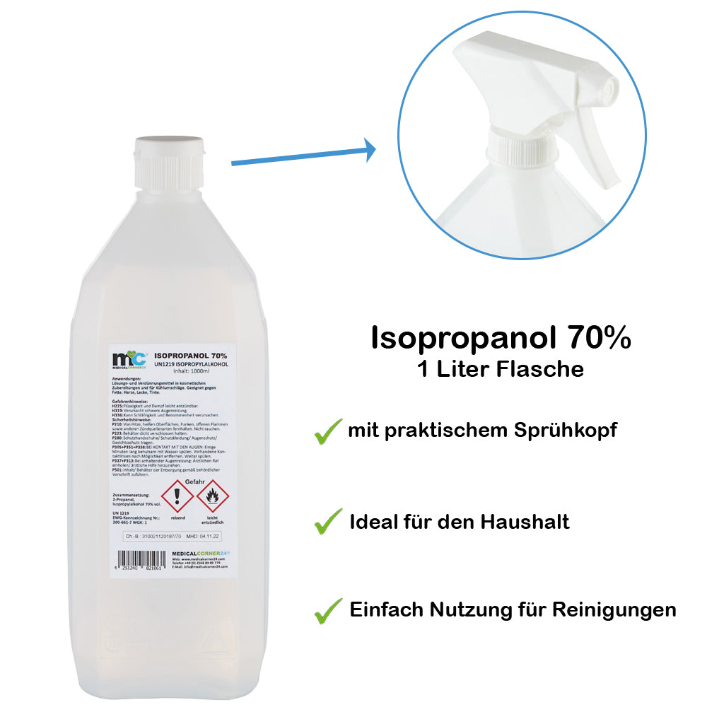 Isopropanol-70%-Flasche, 1 Liter, Sprühkopf am Flaschenverschluss