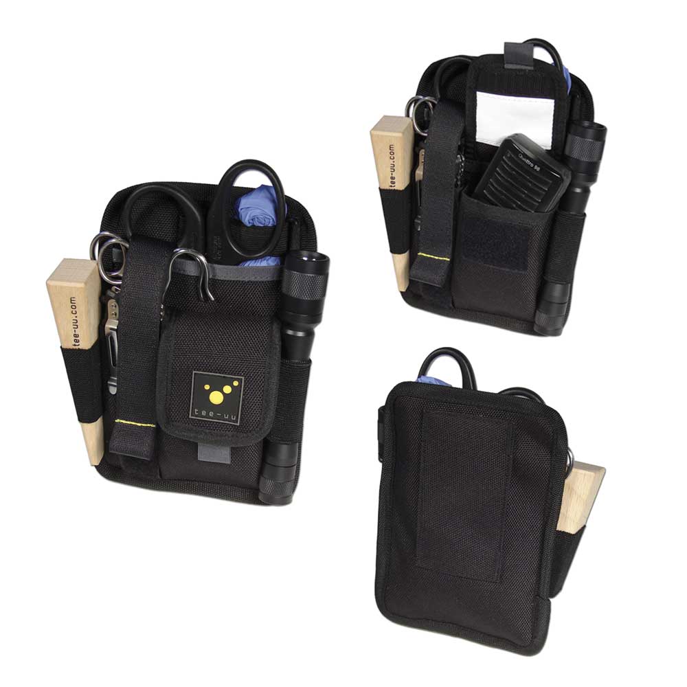 Schwarzes Rettungsdienst-Holster mit Außentaschen und Halterungen für Geräte