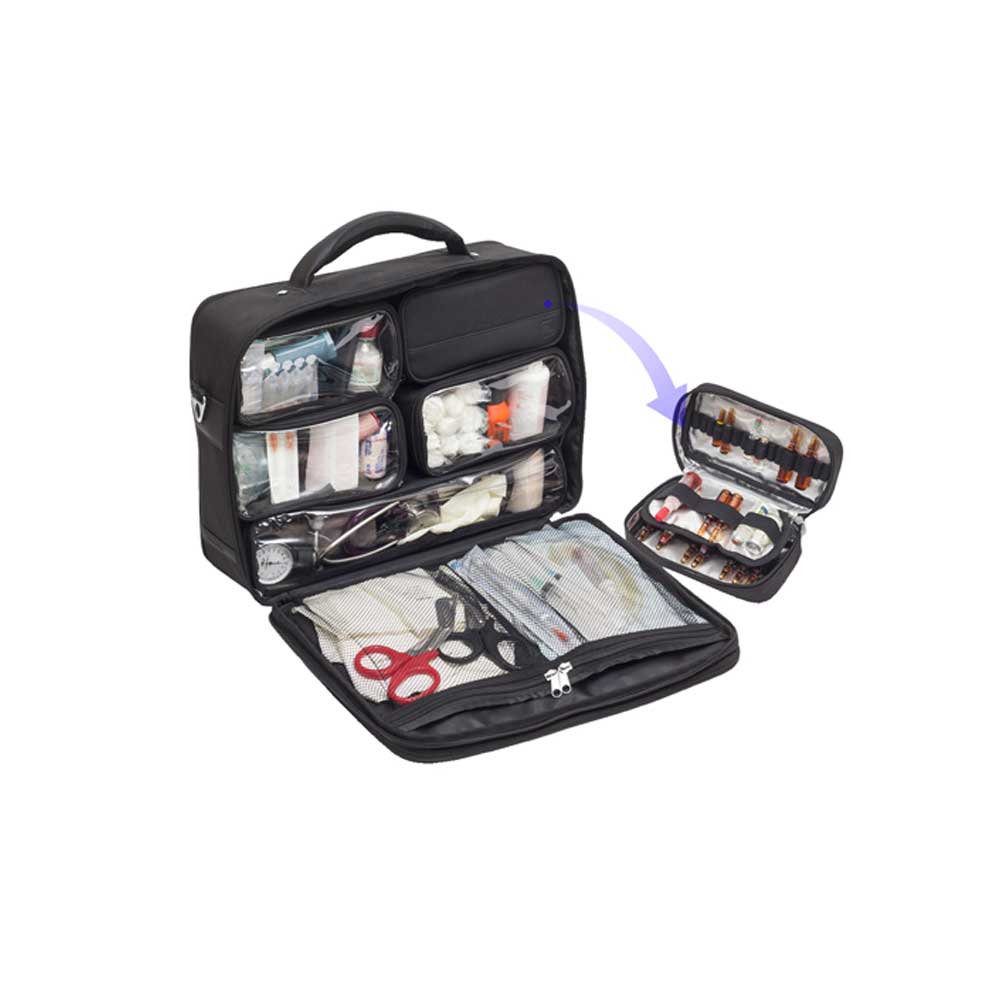 Schwarze Arzttasche geöffnet: transparente Fächer, Utensil-Organizer und Kleinteil-Tasche