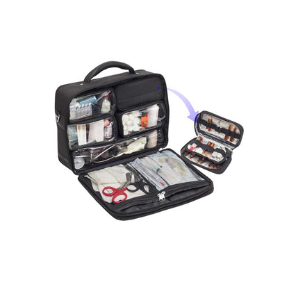 Schwarze Arzttasche geöffnet: transparente Fächer, Utensil-Organizer und Kleinteil-Tasche