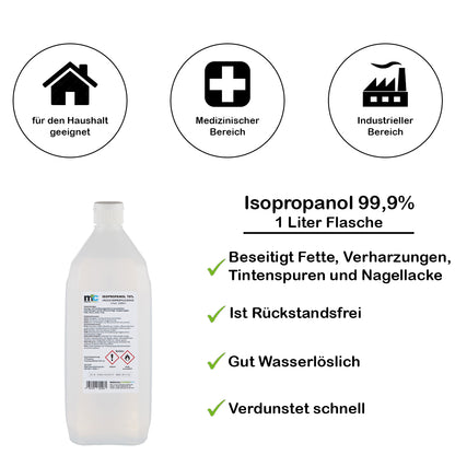 1‑Liter Isopropanol-Flasche aus Kunststoff, Etikett und Sicherheitshinweise sichtbar