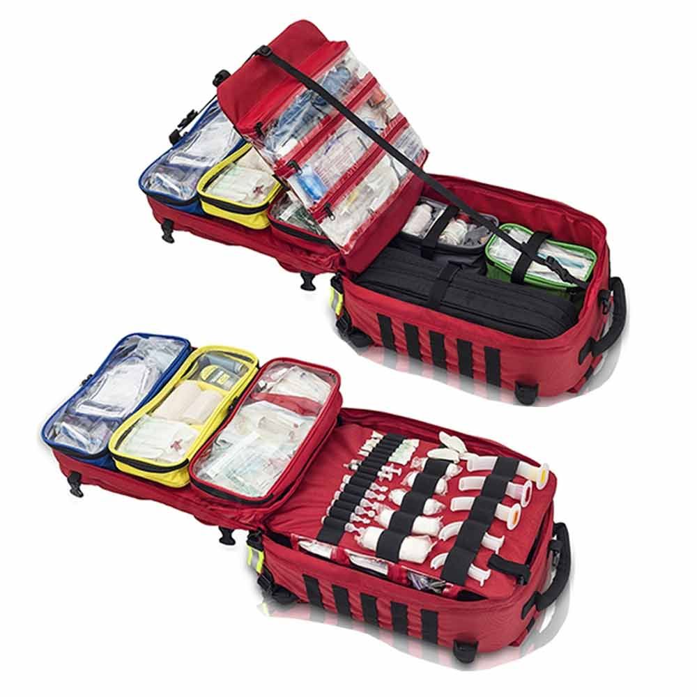 Notfallrucksack ELITE BAGS PARAMED-S EVO 32,5L, rot, geöffnet mit transparenten Innentaschen