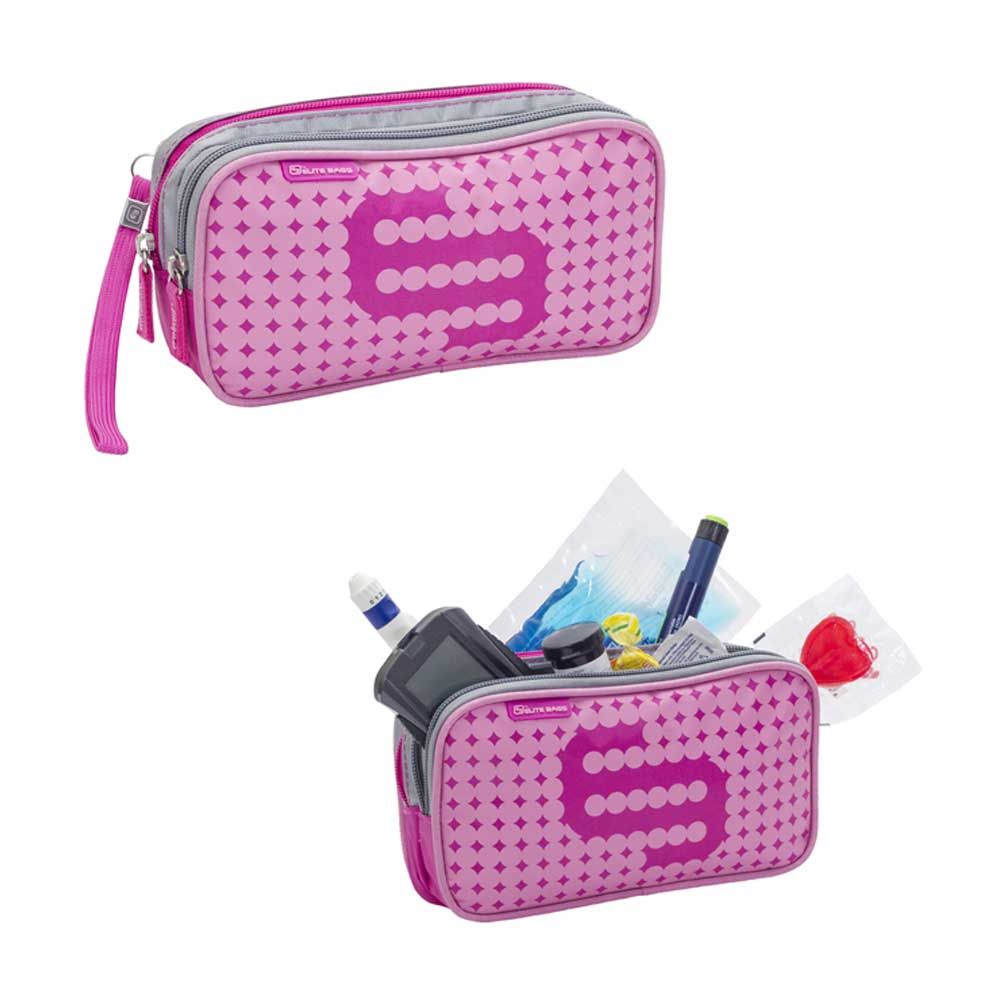 Diabetikertasche in Pink mit Punktmuster, geöffnetes Etui mit Reißverschluss und Trageband.