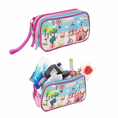 Kinder-Diabetikertasche mit Reißverschluss, pink/weißes Zirkus-Motiv, Trageschlaufe