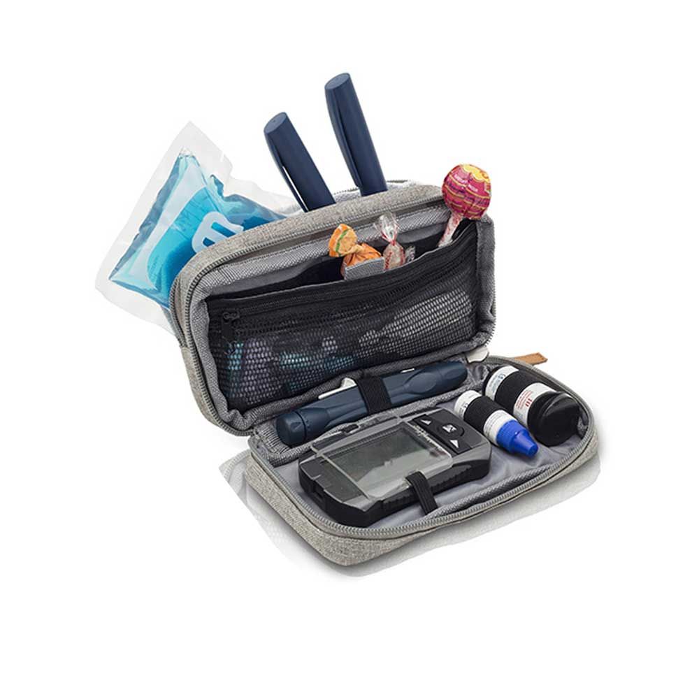 ELITE BAGS Diabetikertasche grau, offen: Innenfächer mit Einsätzen und Halterungen