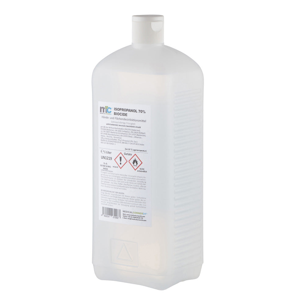 MC24® Hände-/Flächendesinfektion: weiße Flasche mit vorderem Etikett und Kappe