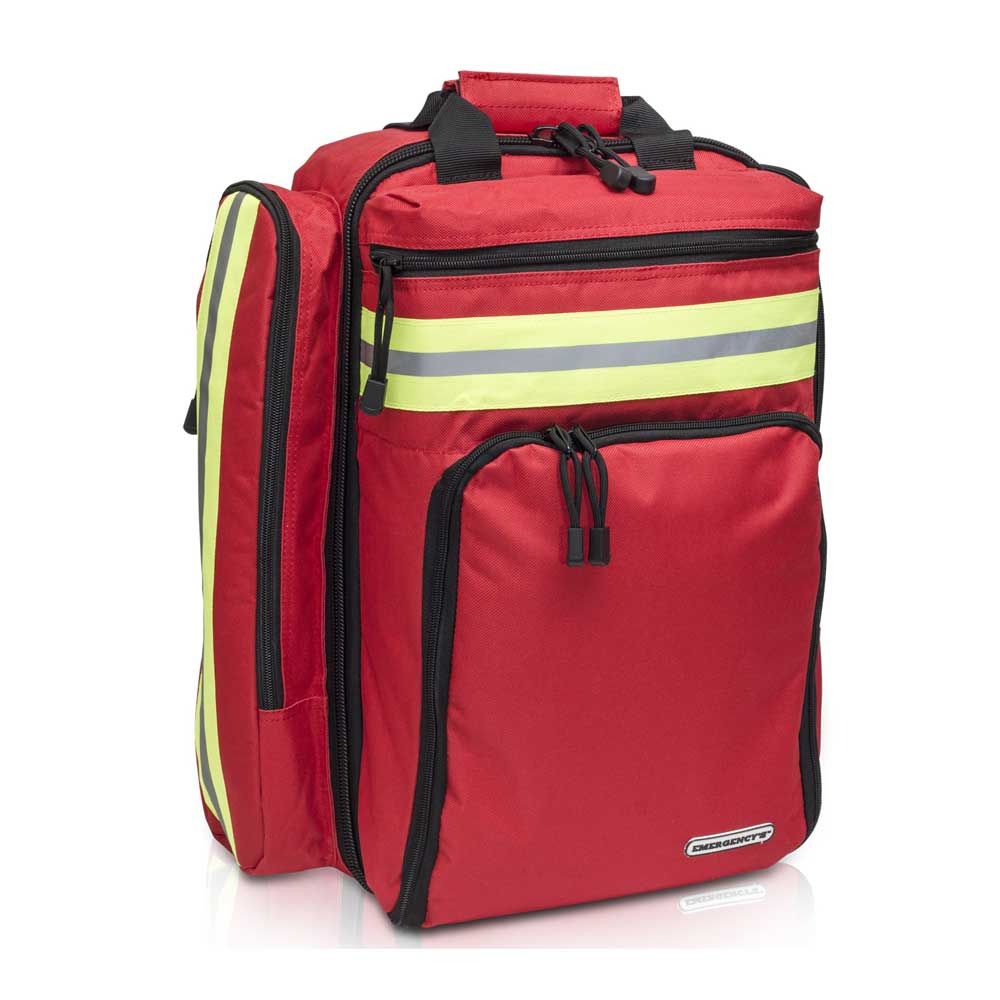 Roter Notfallrucksack mit reflektierendem Streifen und Frontreißverschluss