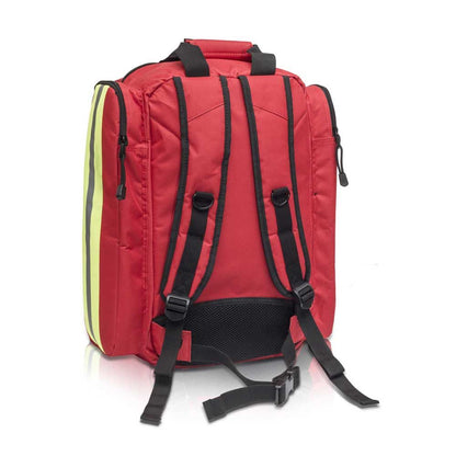 Roter Notfallrucksack mit gepolsterten Trägern und Rückenfixierung