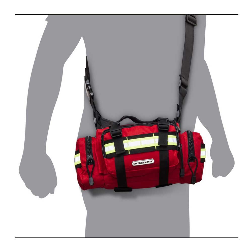Sanitätertasche HIPSTER in Rot, vorn getragen mit breiten Gurten und Reflektorband
