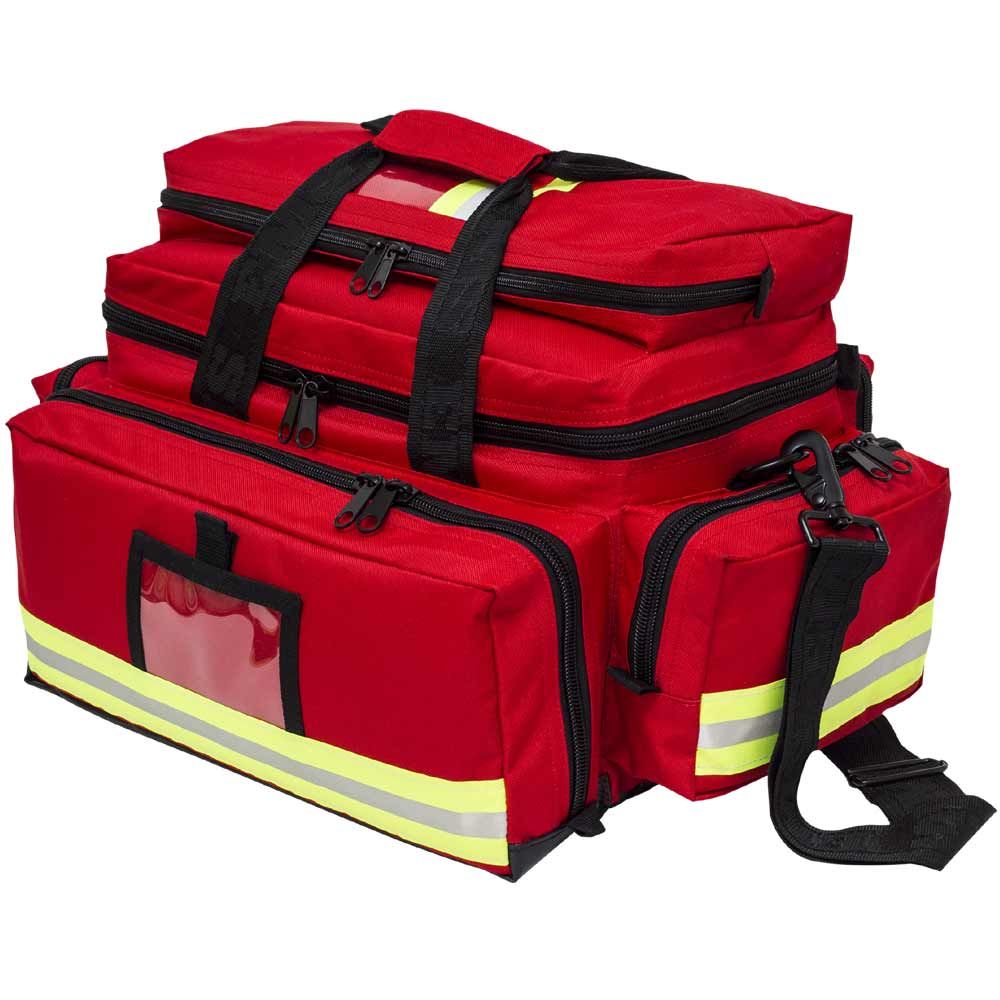 Rote Notfalltasche 36 l mit Tragegurt, Reißverschlüssen und Reflexstreifen