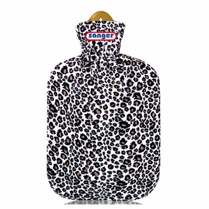 2‑L‑Wärmflasche mit Velourbezug im Leopardenmuster, weiß-braun-schwarz