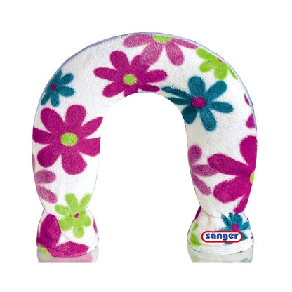 Sänger Nacken-Wärmflasche mit weißem Fleecebezug und bunten Blumen, U-Form