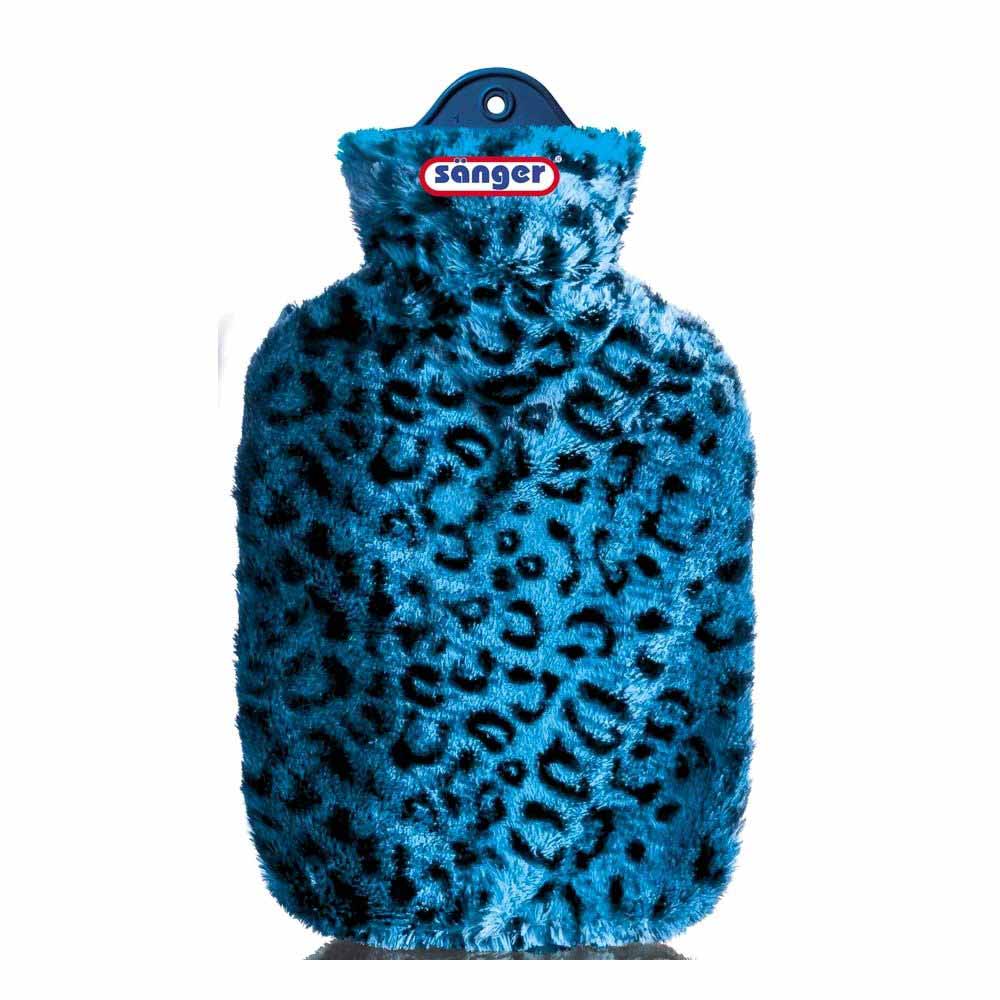 2‑L‑Wärmflasche mit Velourbezug im Leopardenmuster, blau-grün