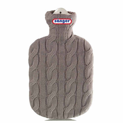 Gummi-Wärmflasche mit Strickbezug, taupe Zopfmuster