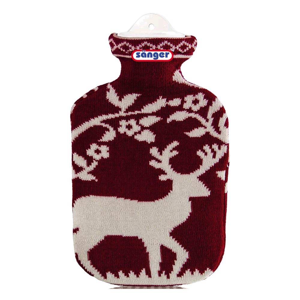 Gummi-Wärmflasche mit Strickbezug, weinrot mit weißem Hirschmotiv