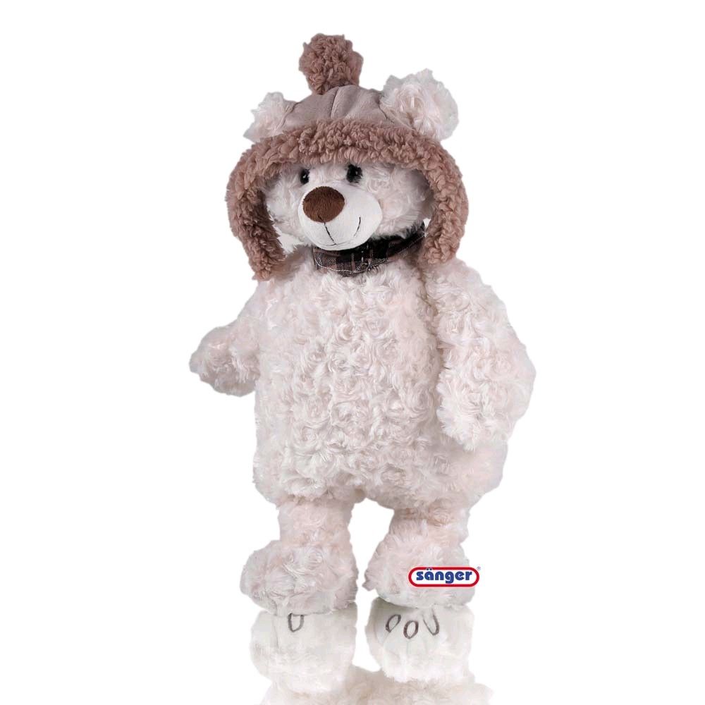 Plüschschaf mit Reißverschluss, braun-weißes Kuschltier, Namensschild Sänger