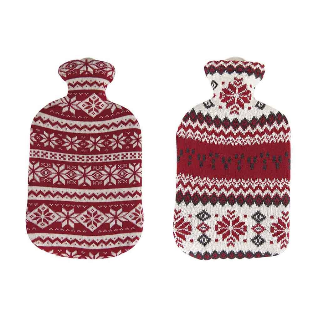 Wärmflasche mit Strickbezug im Winterdesign, rot-weiß, Norwegermuster
