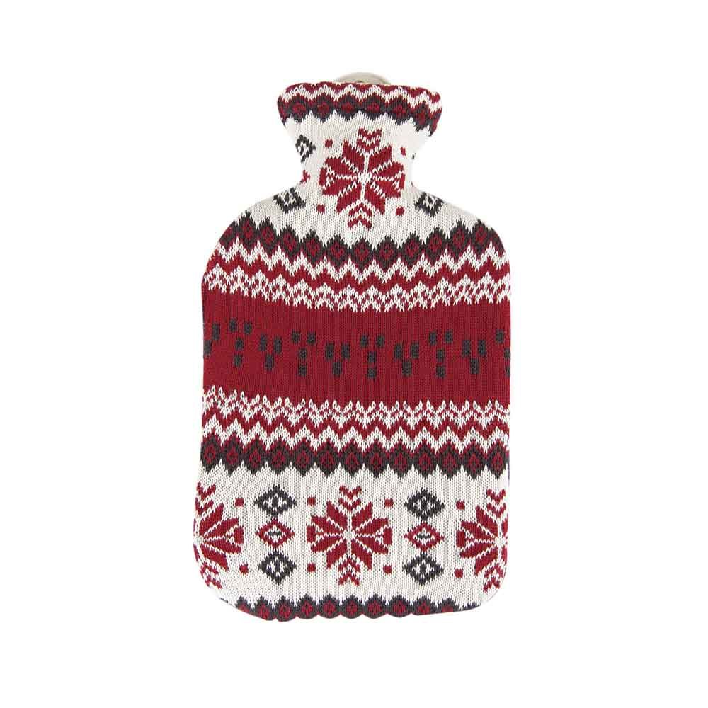 Wärmflasche mit Strickbezug, rot-weiß, Zierelemente und Schneeflocken