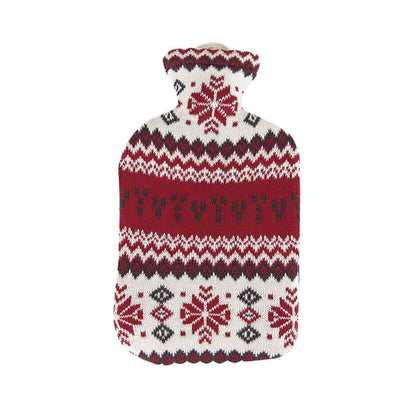 Wärmflasche mit Strickbezug, rot-weiß, Zierelemente und Schneeflocken