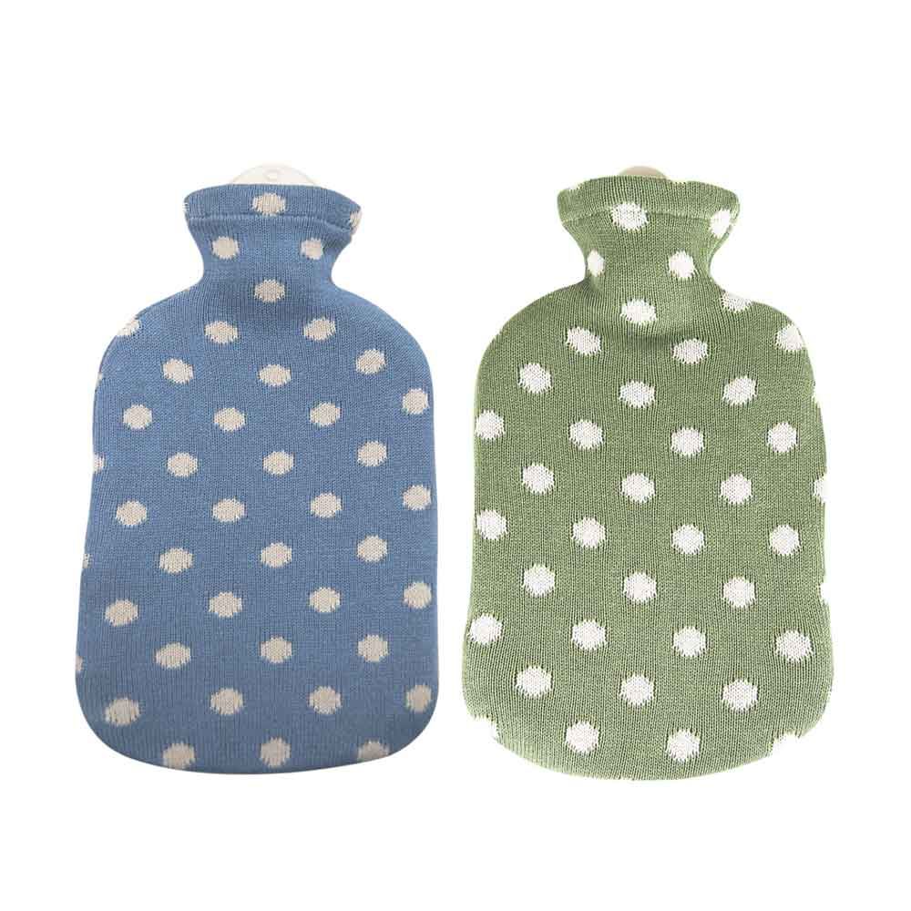 Wärmflasche 2 l mit Strickbezug und Punkten, blau/maigrün