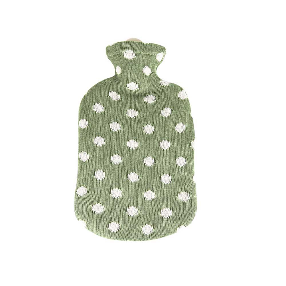 Wärmflasche 2 l mit Strickbezug Punktedesign, maigrün mit weißen Punkten
