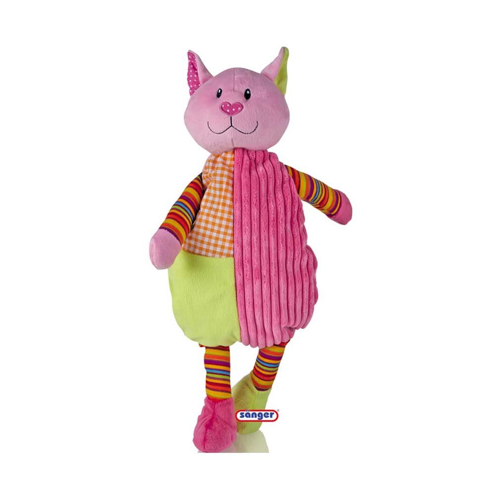Wärmflasche mit Plüschbezug Katze, rosa Tier mit grünem Bauch und gestreiftem Shirt