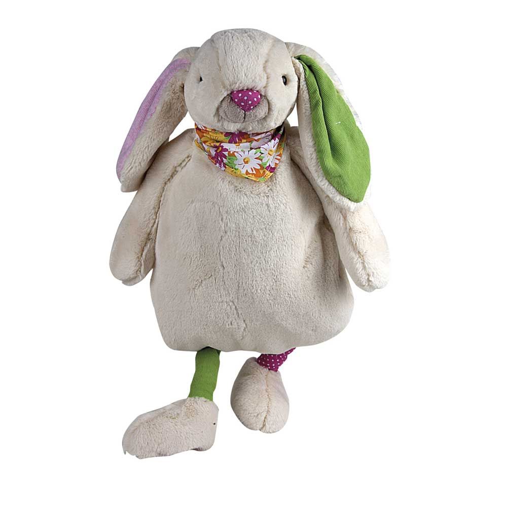 Kinder-Wärmflasche mit Hasen-Kuscheltier-Bezug, beiger Stoff, grüne Ohren