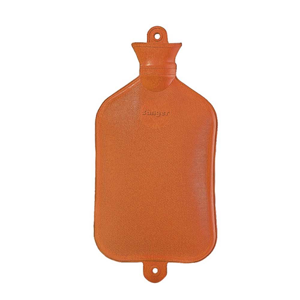 Wärmflasche aus Naturgummi, ocker-orange, beidseitig glatt, Verschlussöse am Boden