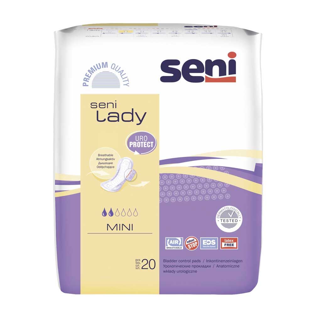 Seni Lady Inkontinenzeinlagen, Mini Packung; saugfähige Einlagen für diskrete Anwendung.