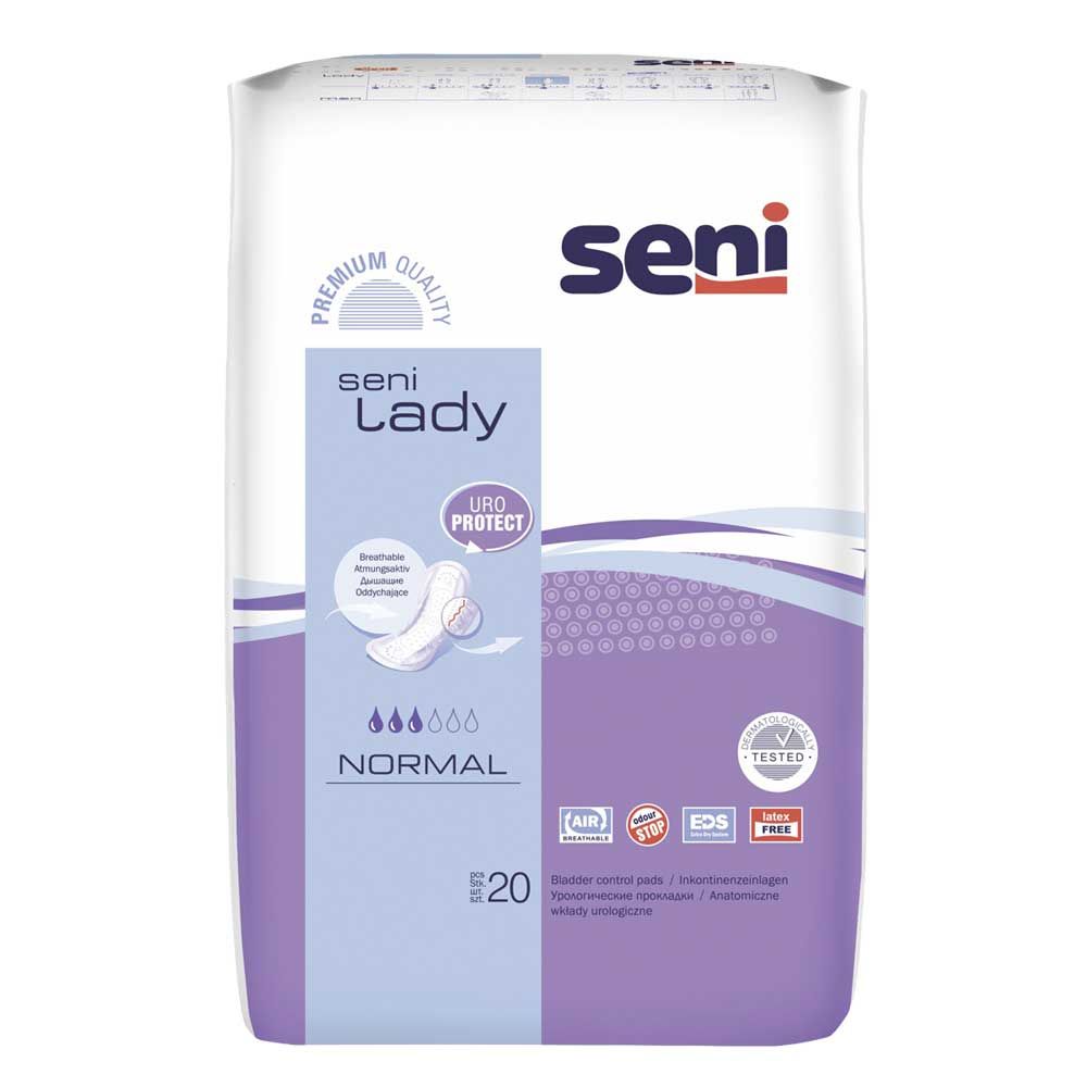 Seni Lady Inkontinenzeinlagen, Normal Packung; atmungsaktive Passform, Packung mit „20“.