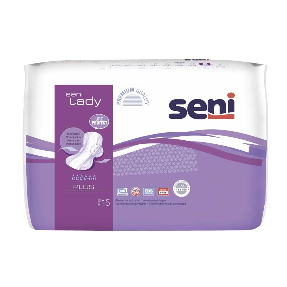 Seni Lady Inkontinenzeinlagen, Plus Packung; gerollte Einlage in violettem Design, „15“.