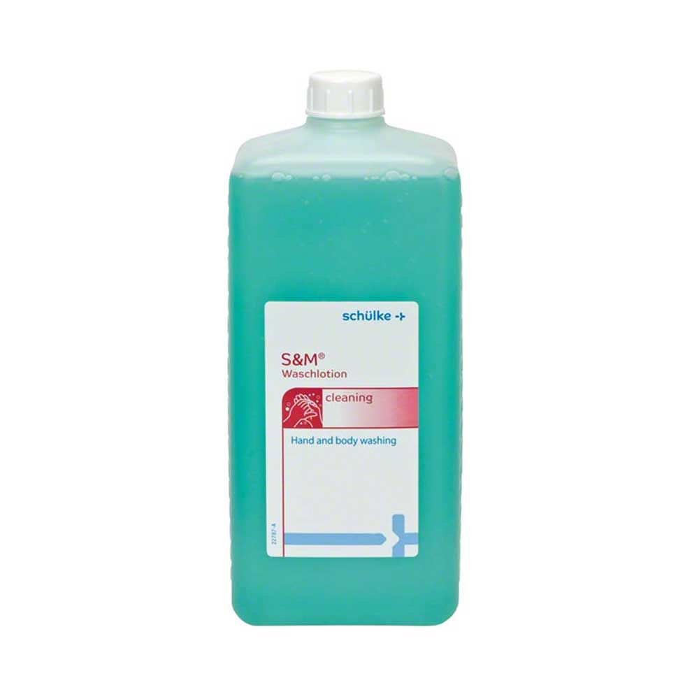 Schülke s-m® Waschlotion in türkisfarbener Flasche mit weißem Deckel