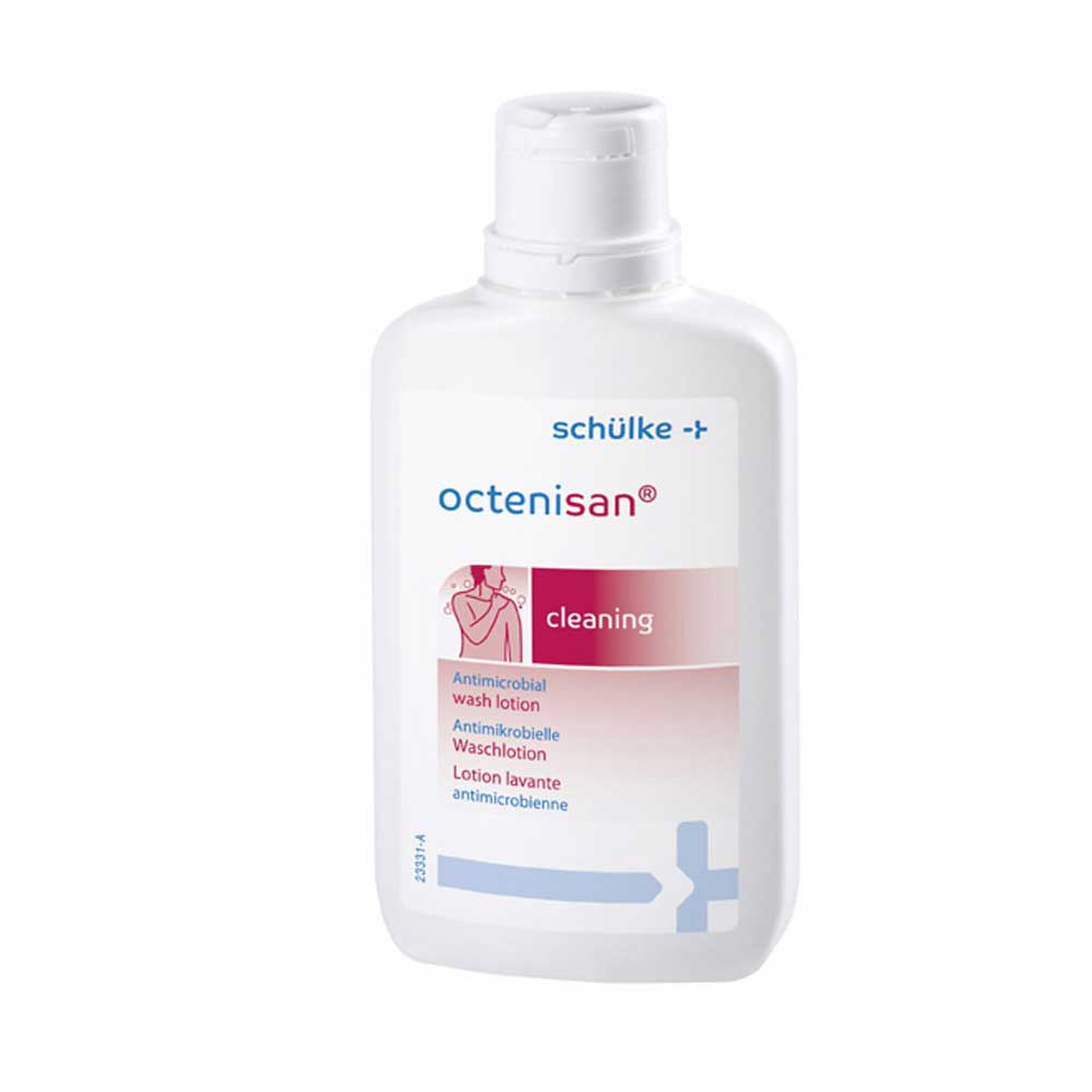Schülke octenisan® Waschlotion, weiße Flasche mit Dosierkappe, Frontansicht