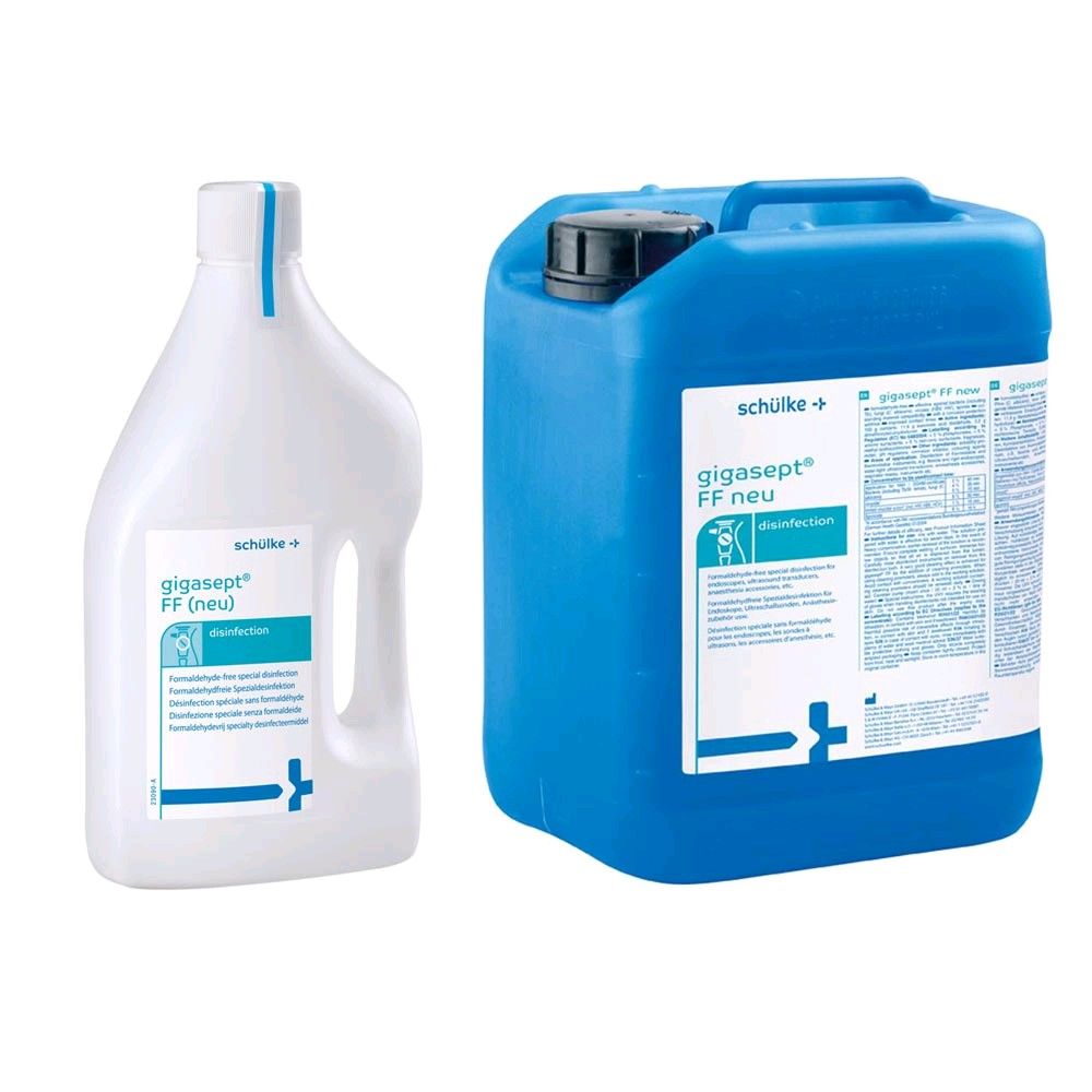 Instrumentendesinfektion gigasept® FF Neu: weißer Flaschen- und blauer Kanister