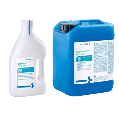 Instrumentendesinfektion gigasept® FF Neu: weißer Flaschen- und blauer Kanister