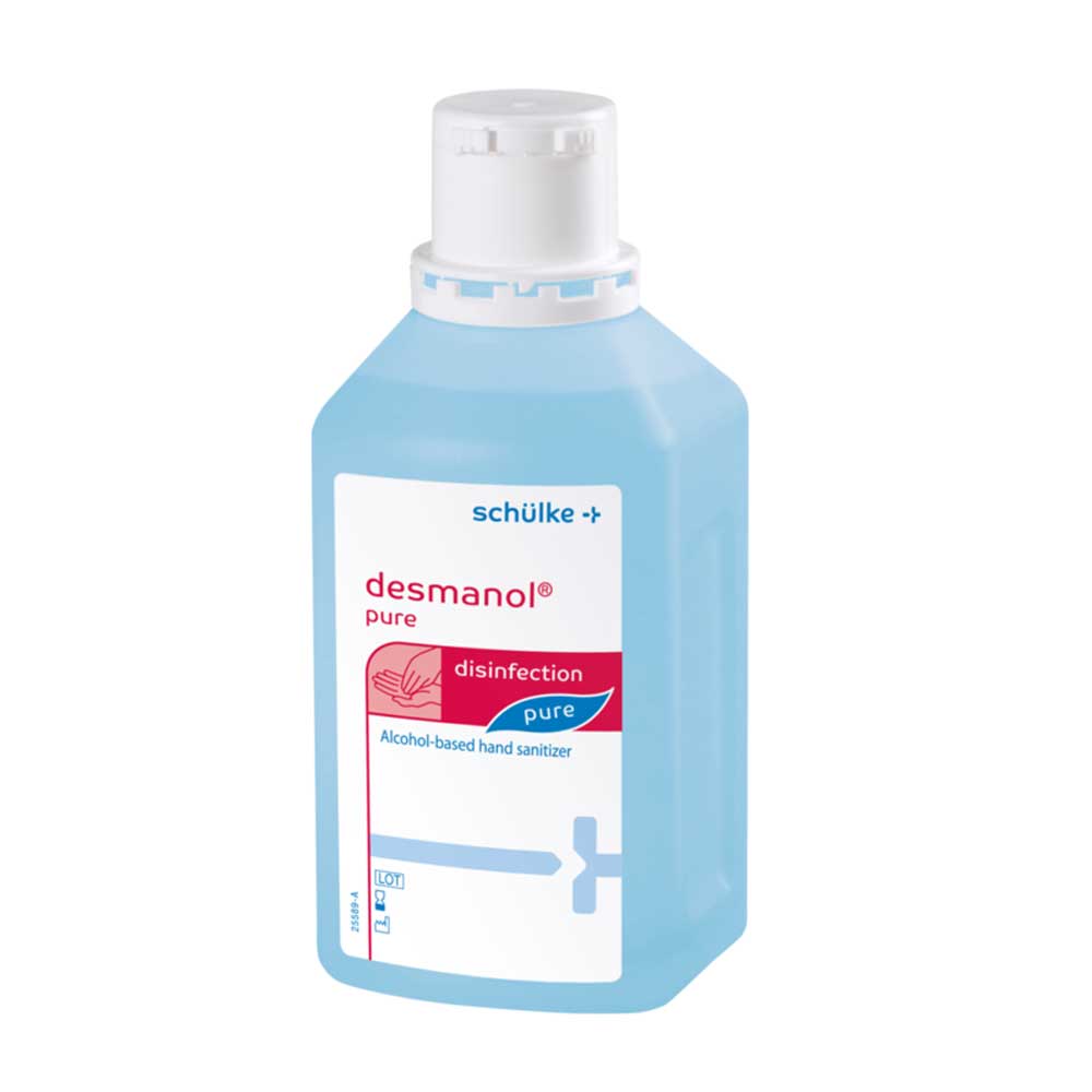 Händedesinfektionsmittel desmanol® pure im blauen Kanister mit Aufdruck und Schraubdeckel