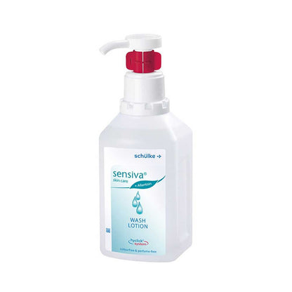 Waschlotion in weißer Spenderflasche mit rotem Pumpkopf und blauer Labelgrafik