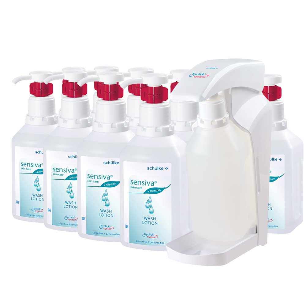 Schülke sensiva® Waschlotion-Set mit hyclick® Variospender und mehreren weißen Flaschen